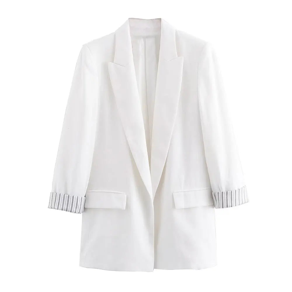 Women Fashion Solid Blazer Notched Collar Long Roll up Sleeves Female Chic Office Lady Business Outfits
