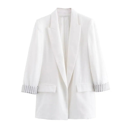 Women Fashion Solid Blazer Notched Collar Long Roll up Sleeves Female Chic Office Lady Business Outfits