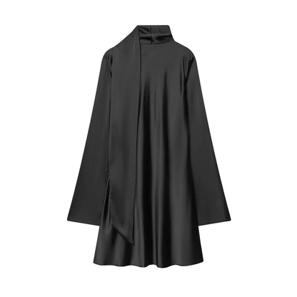 Women Fashion Satin Elegant Short Dress Summer Autumn New Long Sleeve Scarf V neck Mini Dress Female Elegant Party Dresses