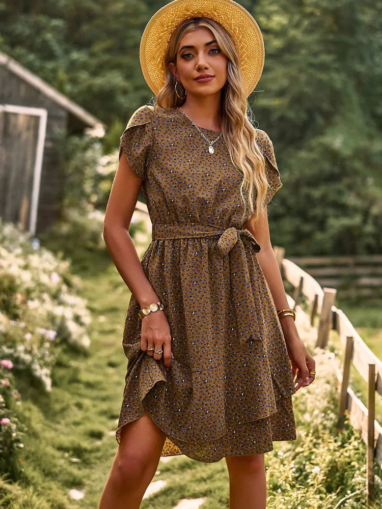 Summer O Neck Casual Printd Women Strap High Waist Pleated Floral Dress