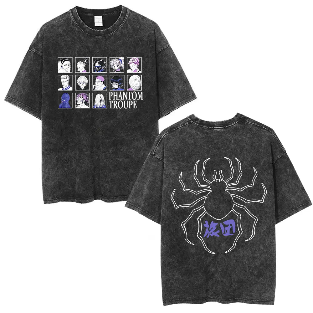 Anime Hunter X Hunter Logo Vintage Washed T Shirt Killua Gon Cherry Blossom Graphic T-shirt Men Fashion Casual Oversized Tshirt