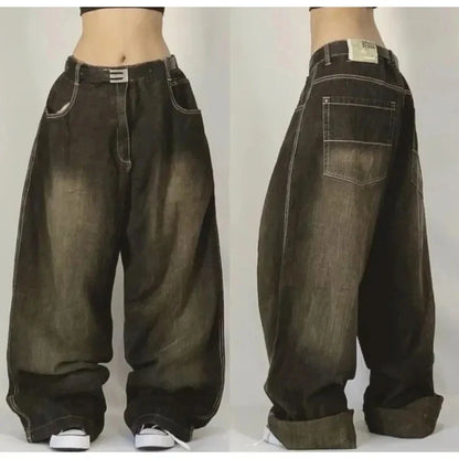 American New Fashion Oversize Pattern Embroidered Baggy Jeans Men Y2K Gothic Harajuku Hip Hop Straight High Waist Wide Leg Pants