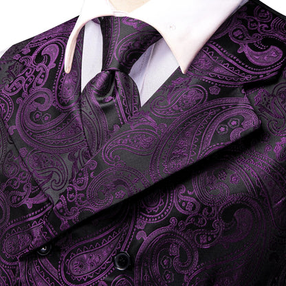 Dark Purple Men Vest Elegant Silk Paisley Jacquard Waistcoat Jacket NeckTie Hanky Cufflinks for Men Business Party Hi-Tie