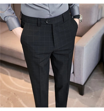 2026 High Quality Men's Plaid Striped Suit Pants Fashion Business Slim Fit Casual Straight Pants Formal Wedding Party Trousers