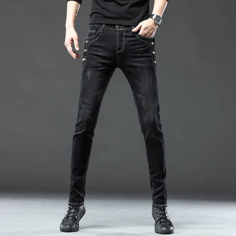 New Men Slim Korean Button Jeans Black Skinny Solid Color Stretch Multi-button Youth Male Denim Pants Streetwear