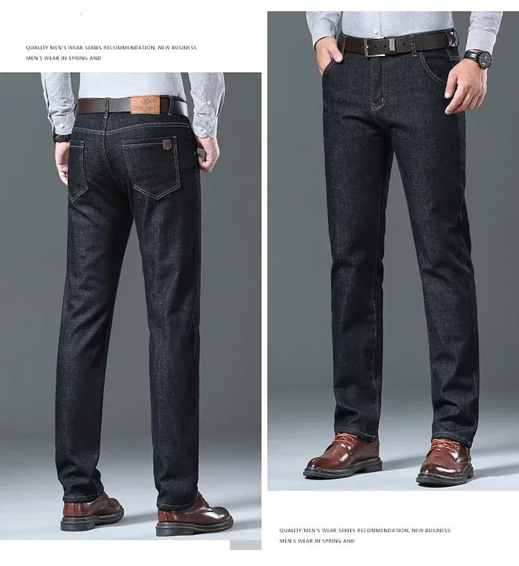 Winter Men's Fleece Thick Sherpa Jeans Business Casual Velvet Straight Denim Pants Male Wool Plush Classic Stretch Trousers