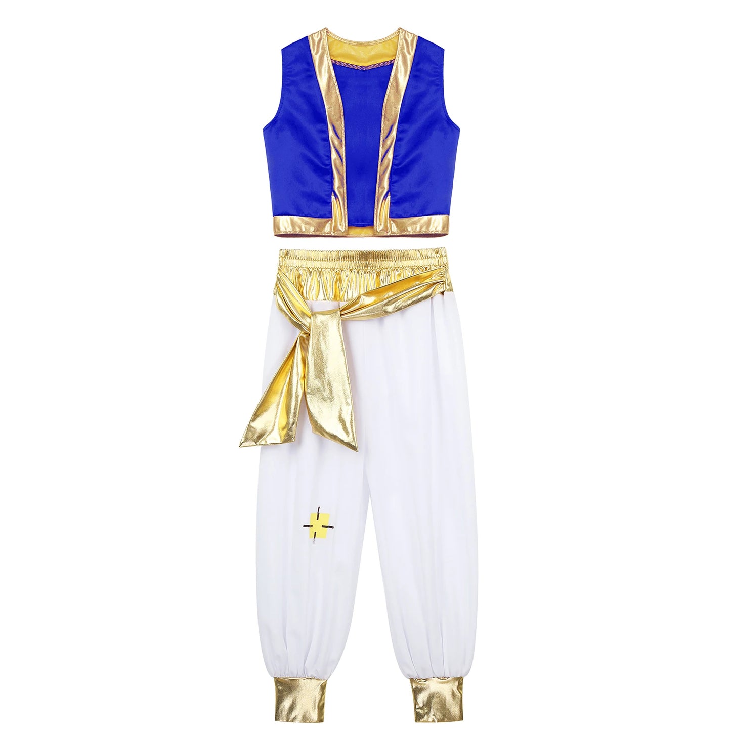 Boys Girls Prince Costume Arabian Prince Fairy Tale Character Cosplay Suits Belly Dance Golden Trim Vest with Satin Bloomer Set