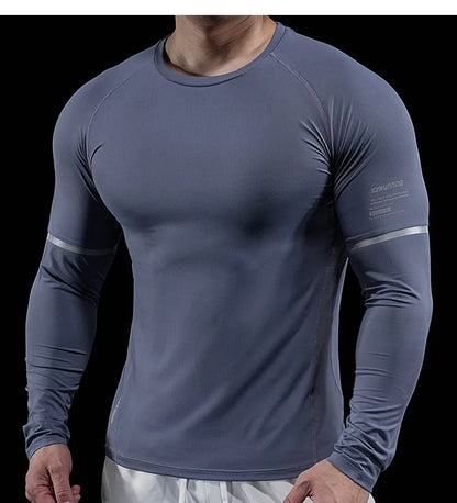 Autumn New Men's Sports Gym Fitness Clothes Reflective Strips Round Neck Training Long-sleeved T-shirt Running Slim Breathable