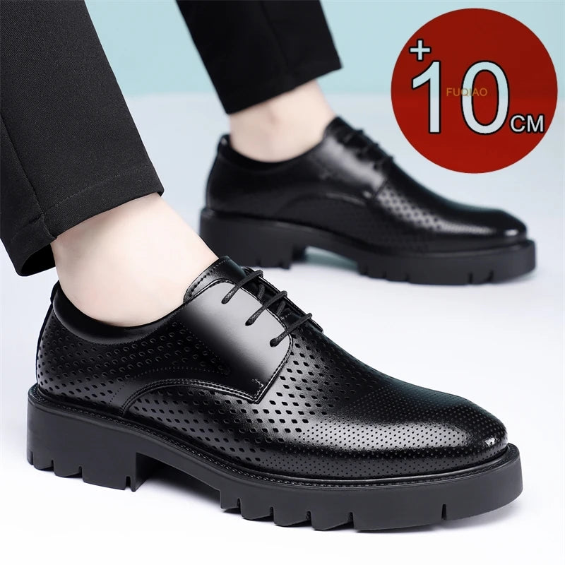 Summer Hollow Out Breathable Men Height Increasing Oxford Shoes 8/10CM Formal Business Dress Wedding Party Elevated Leather Shoe
