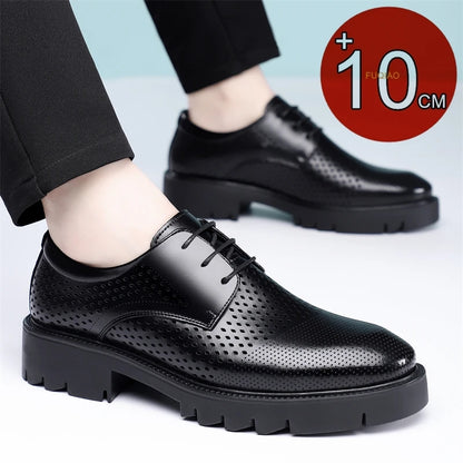 Summer Hollow Out Breathable Men Height Increasing Oxford Shoes 8/10CM Formal Business Dress Wedding Party Elevated Leather Shoe