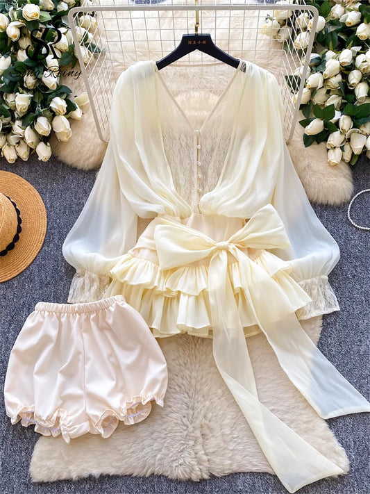 Fairycore Lace Chiffon Dresses With Stretch Shorts Pearl Button Bow Female Ruffles Sheer Seaside Holiday Mini Dress