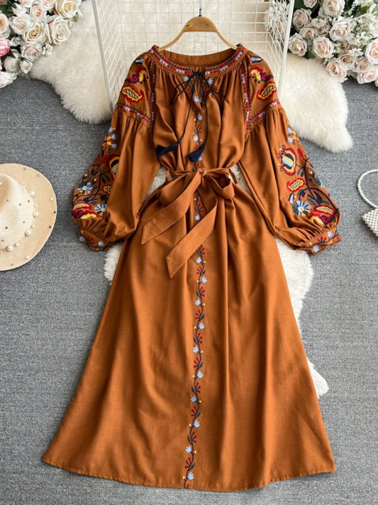 Retro Ethnic Sle Long Sve Embroidered round Ne A-Line Cotton Linen Dr Slimming Waist Cinched Ele Long Dr