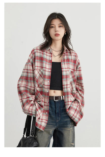 Women's Cotton Shirt Single Breasted Loose New Retro Color Blocked Grid Female Blouses Autumn Spring 2026