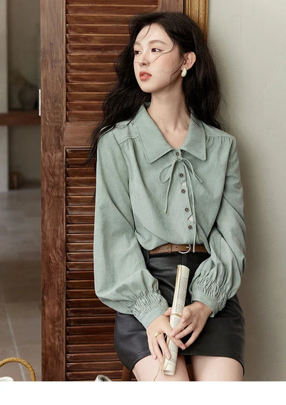 Vintage Green Blouse Women French Lapel Bow Lace-up Top 2025 Autumn Sweet Shirt Sleeve Outwear Commute Shirts MXD44C0337
