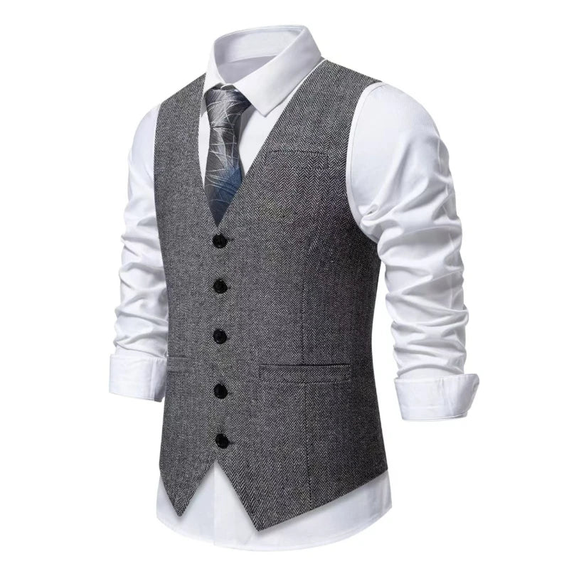 Dark Gray Herringbone Tweed Suit Vest for Men,business Casual Retro Single-breasted Herringbone Pattern Men's Waistcoat Eur Size