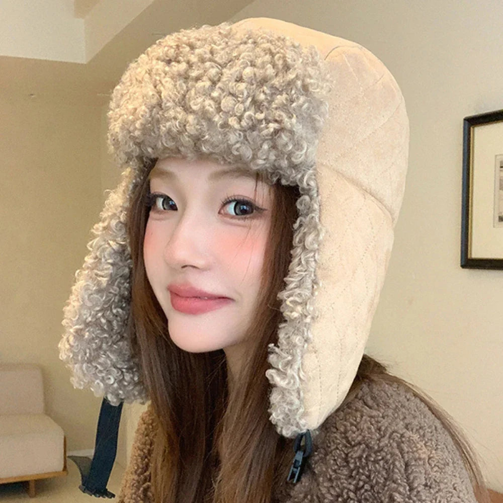 Russian Hat Thick Warm Lamb Fleece Winter Hat for Men Women Windproof Snow Ski Trapper Earflap Cap Male Female Bomber Hat