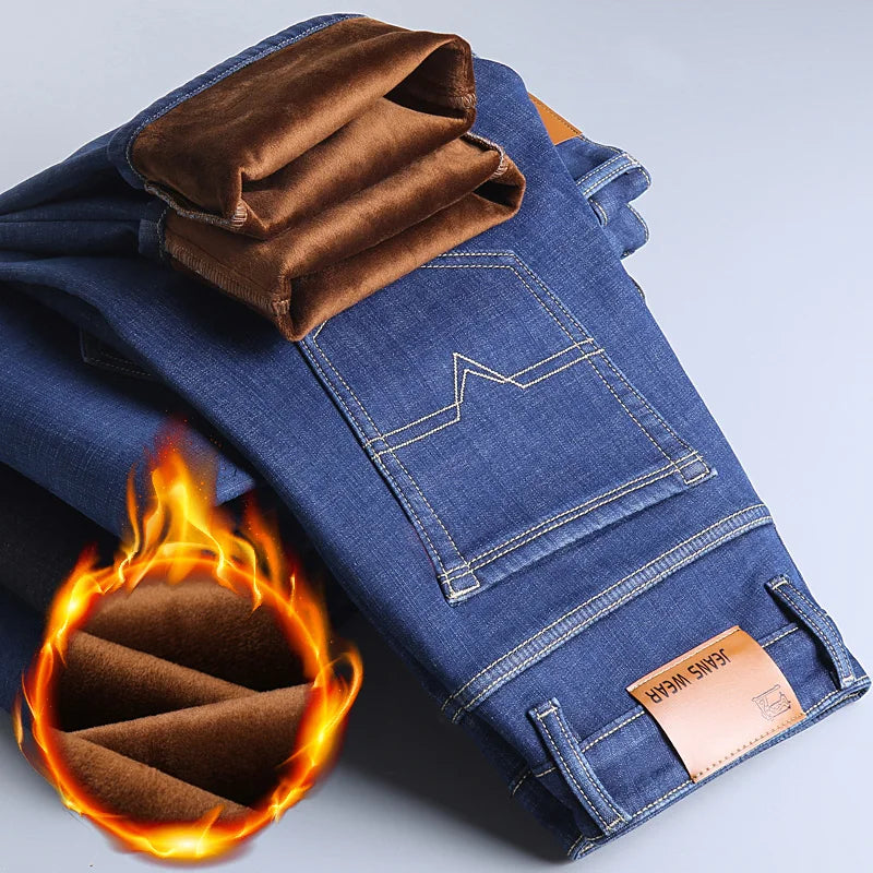 Men New Winter Classics Fleece Thick Warm Jeans Men's Loose Straight Elastic Denim Pants Casual Plush Trousers Large Size 28-40