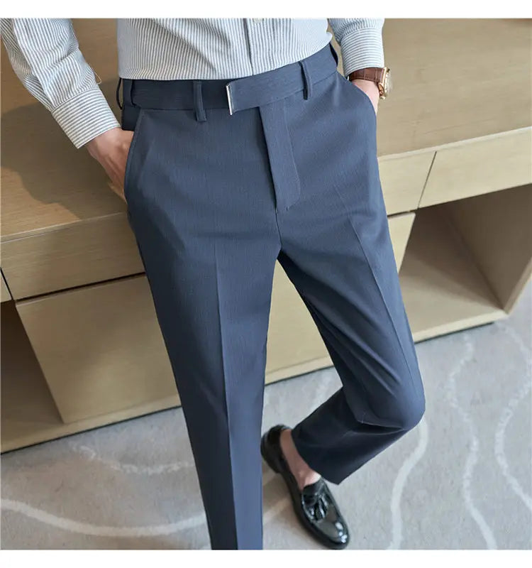 High Quality Hidden Elastic Waistband Metal Decorative Design Casual Pants Fashion Striped Slim Fit Office Social Men's Trousers
