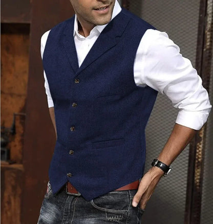 New Plus Men's Herringbone Tweed Wool Suit Vest British Retro Lapel Single Breasted Waistcoat Male Boutique Slim Fit Dress Vests