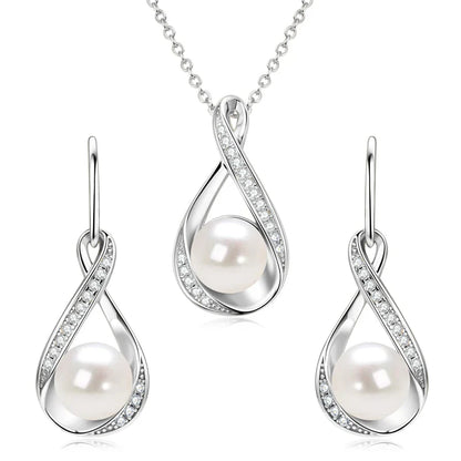 Moissanite Natural Freshwater Pearl Infinity Pendant Necklace & Earrings Sets for Women 925 Sterling Silver Wedding Jewelry Set