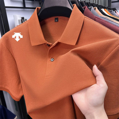 100% men's summer luxury brand polo shirt lapel geometric printing short sleeves t-shirt outdoor leisure men clothing tops
