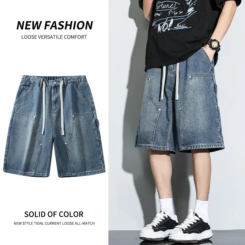 Fashion Streetwear Men's Denim Shorts Summer Loose Vintage Harajuku Splicing Hip-hop Cargo Moto Short Jeans Black Blue