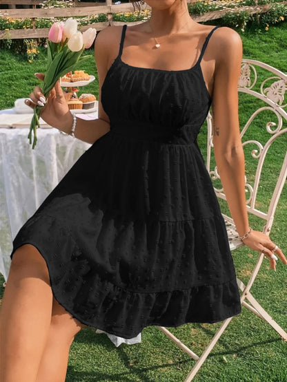 Women's White Swiss Dot Mini Dress Spaghetti Strap High Waist Ruffled Tiered Hem A Line Casual Summer Short Dress