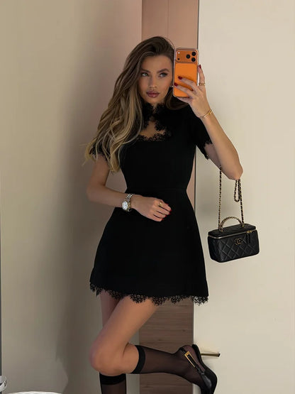 Lace Patchwork Hollow Out Bodycon Sheath High Collar Women Dresses Half Sleeves Outfits Sexy Club Fashion Female Mini Vestidos