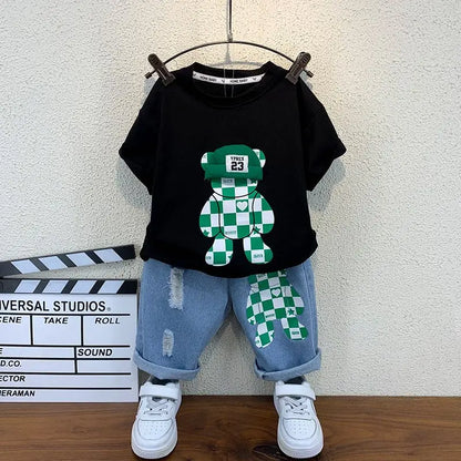 Korean Baby Boys Summer Sets Children's Clothing Short-Sleeved Letter T-Shirt & Denim Shorts Kids Boys Outfits Clothes 2-11Y