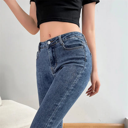 Women Fashion Flare Jeans Winter Streetwear Y2K Straight Pants Ankle Length Denim Jeans Girls Party Casual Retro Blue Trousers