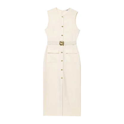Female Summer Elegant Midi Dress O-Neck Hem Slit With Belt Sleeveless Single Breasted Back Zipper Fashion Long Dress