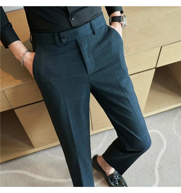 2026 Classic Men's Slim Fit Plaid Striped Casual Pants Fashion Business Slim Fit Suit Pants Formal Groom Wedding Dress Trousers