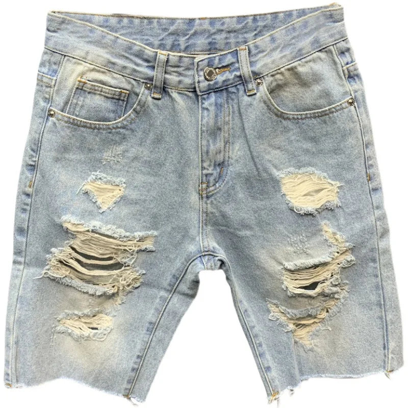 Men's Denim Shorts With Trendy Holes Rough Edges Light Blue Cropped Shorts Spring and Summer Youth