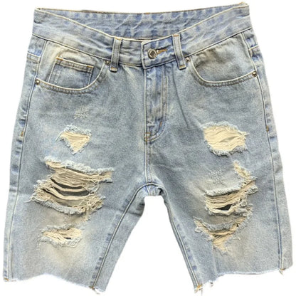 Men's Denim Shorts With Trendy Holes Rough Edges Light Blue Cropped Shorts Spring and Summer Youth