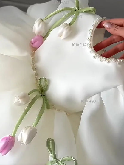 2026 New Children Girls Formal Dress Puff Sleeve Princess Gown Flower Girl Kids Floral Tulle Tutu Elegant Pageant Summer Costume