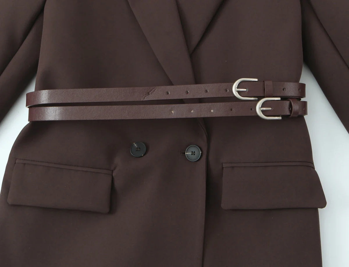 European and American Style New Women's Fashion Versatile Loose Casual Double Belt Slimming Gunlapel Blazer Coat