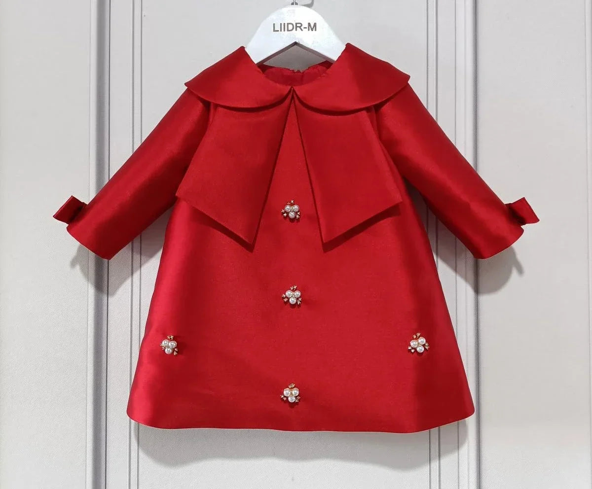 New Girls Western Style Long-Sleeved RedAWord PrincessAExpansion Skirt Handmade Pearl Diamond Dress Skirt