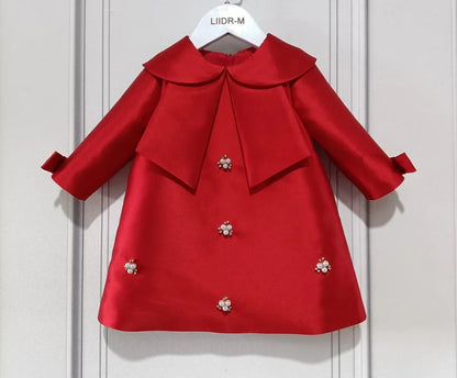 New Girls Western Style Long-Sleeved RedAWord PrincessAExpansion Skirt Handmade Pearl Diamond Dress Skirt