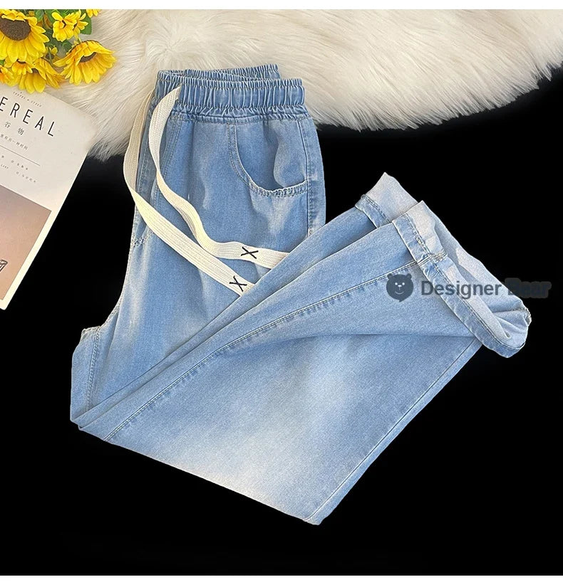 2026 New Spring Summer Men's Baggy Jeans Lyocell Fabric Wide Leg Pants Drawstring Trousers Male City Boy Plus Size S-4 5XL Y2K