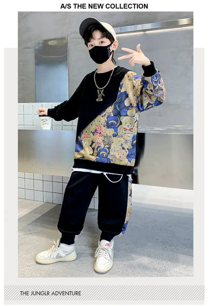 Boys Cotton Cartoon Print Patchwork Workout Sweatshirt+Sweatpant Sets Children 2PCS Tracksuit School Kids Jogging Outfits 5-16Yr