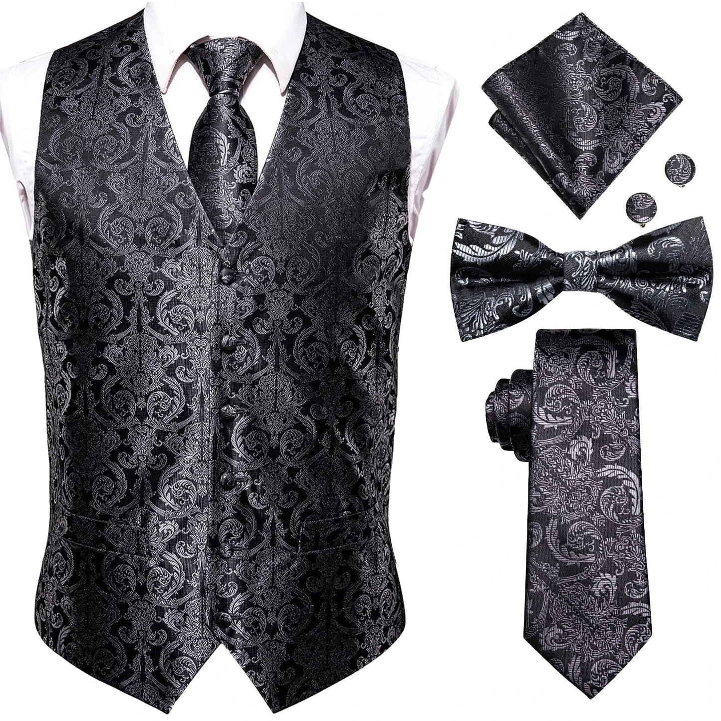 Luxury Silk Mens Vests Rose Gold Pink Striped Waistcoat Necktie Bowtie Hanky Cufflinks Set Waist Jacket For Men Wedding