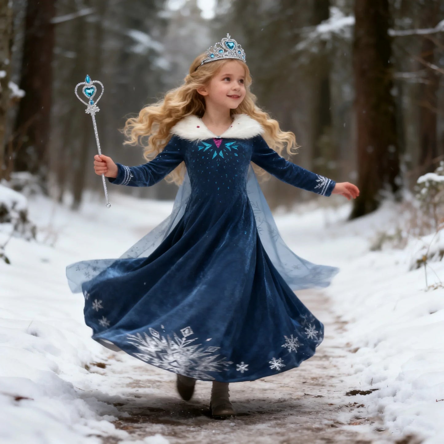Blue Snowflake Princess Dress Winter Long Sleeve Fur Collar Snow Queen Costume Dress Girl Elsa New Year Christmas Party Clothes