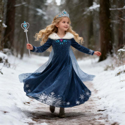Blue Snowflake Princess Dress Winter Long Sleeve Fur Collar Snow Queen Costume Dress Girl Elsa New Year Christmas Party Clothes
