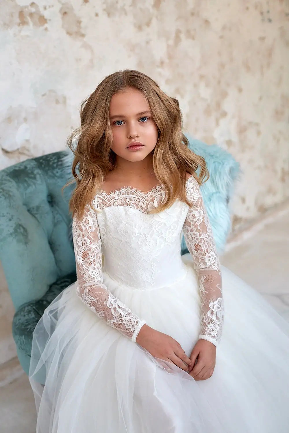 Customized Full Sleeves Flower Girl Dress Bohemian Tulle Ivory White Lace Bow Girls First Communion Gown Junior Bridesmaid Dress