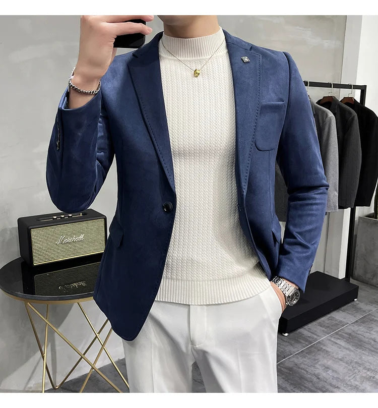 Deerskin Leather Jacket Blazer Men Casual Slim Fit Blazer Hombre Suit Leather Jacket Men Terno Masculino Men Clothing 6 Color