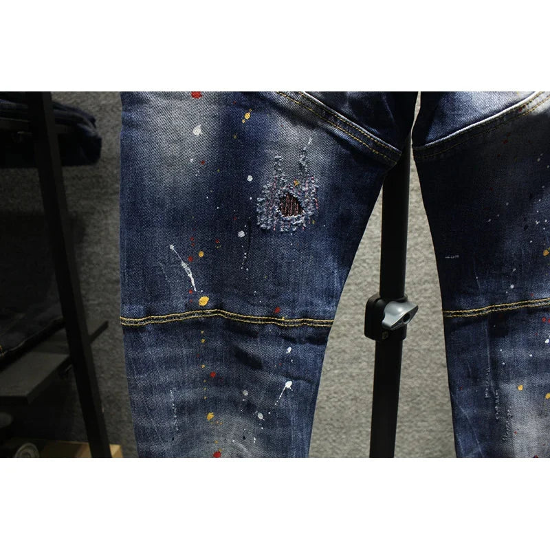 Street Fashion Men Jeans Retro Blue Stretch Slim Fit Spliced Ripped Jeans Men Painted Designer Hip Hop Vintage Denim Pants Homme