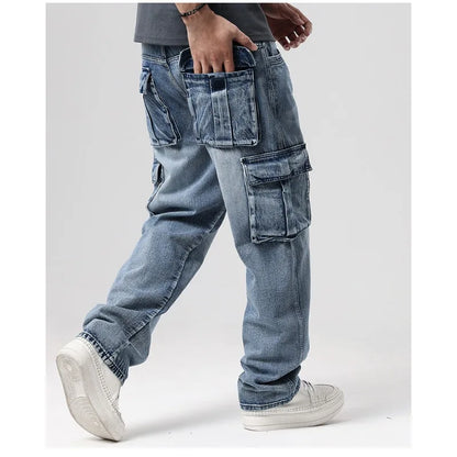 New Men's Fashion Multiple Pockets Loose Jeans Casual Denim Straight Pants Male Hip Hop Wide Leg Cargo Trousers Streetwear