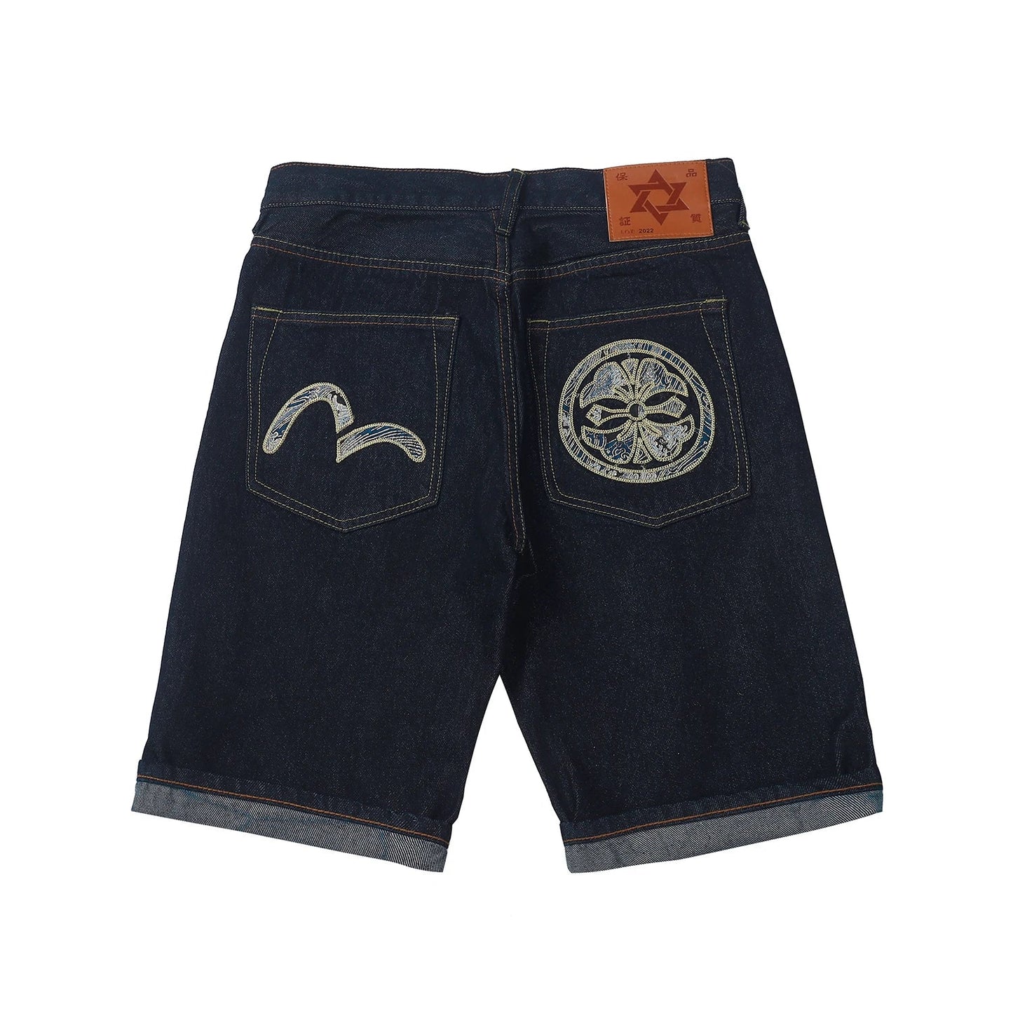 Men Embroidery Denim Shorts Black Hiphop Jeans Pants Cherry Blossom Dragon Totem Washed Zipper Cotton Summer cherry blossoms 024