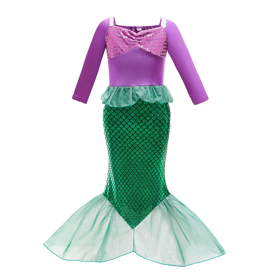 Little Girls Summer Clothing Children Ariel Mermaid Cosplay Blue Green Pink Sunshine Beach Enjoy Vacation Princess Ruffles Dress