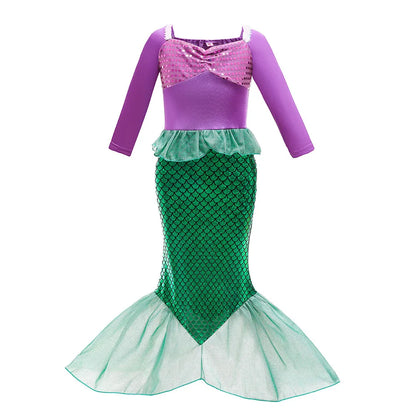 Little Girls Summer Clothing Children Ariel Mermaid Cosplay Blue Green Pink Sunshine Beach Enjoy Vacation Princess Ruffles Dress